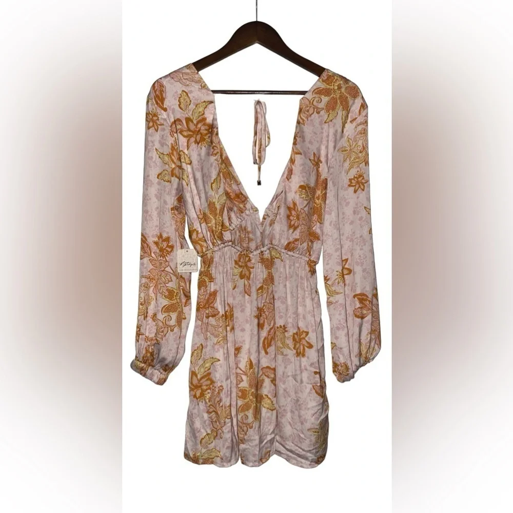 Free People Soli Mini Dress Long Sleeve Women XS Floral Boho Hippie 70'S